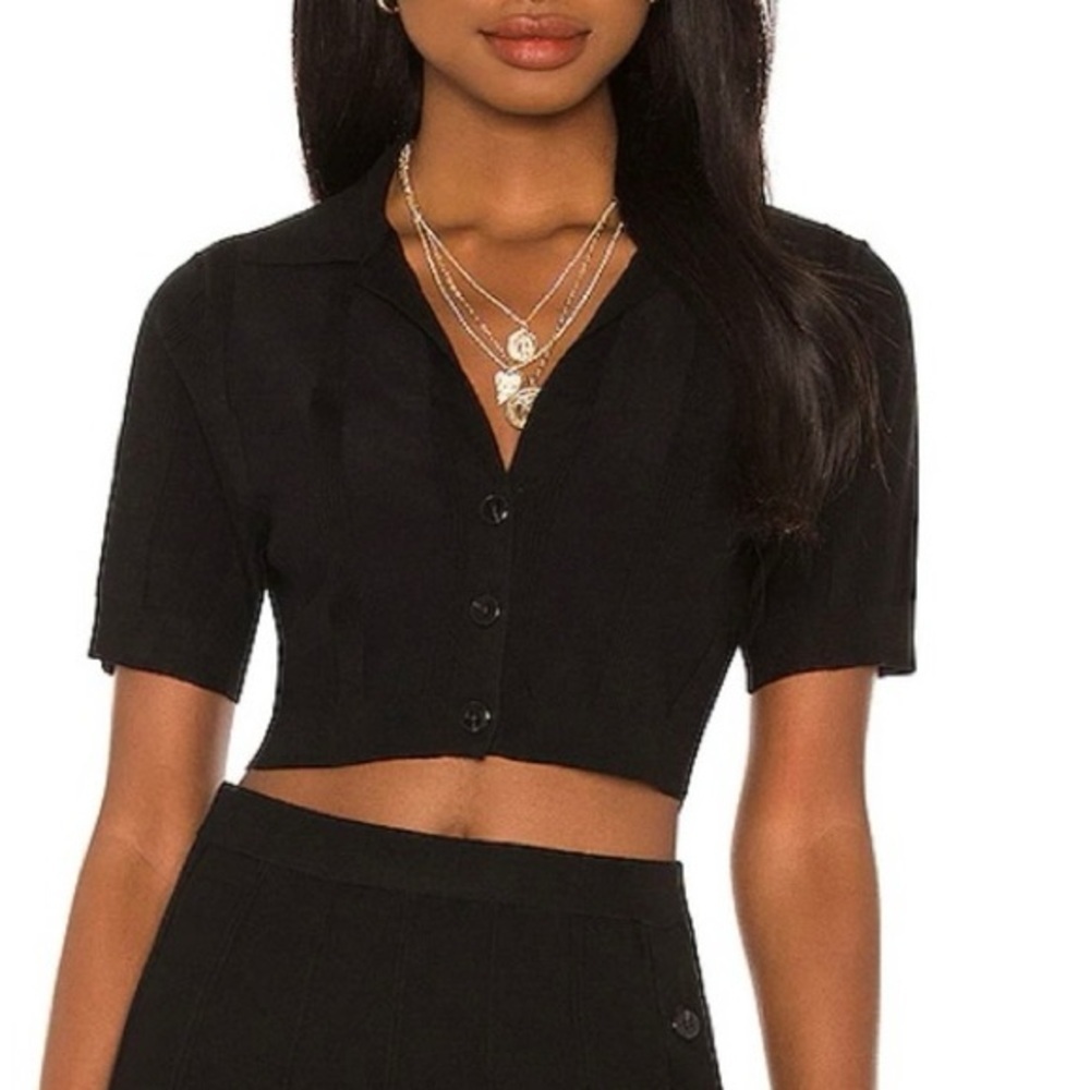 DEVON WINDSOR Amara Top in Black Faint Stripe Textured Button Down Crop Sz XS